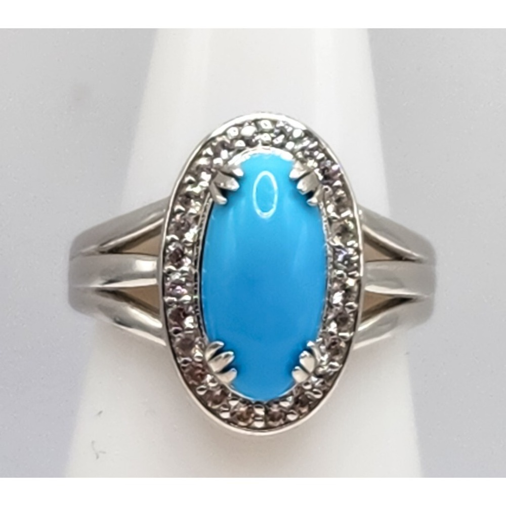 Sleeping Beauty Turquoise Zircon Halo Sterling Silver 925 Split Shank Ring Sz 8